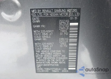 2015 Nissan Rogue S from USA, damaged, VIN KNMAT2MV6FP547416